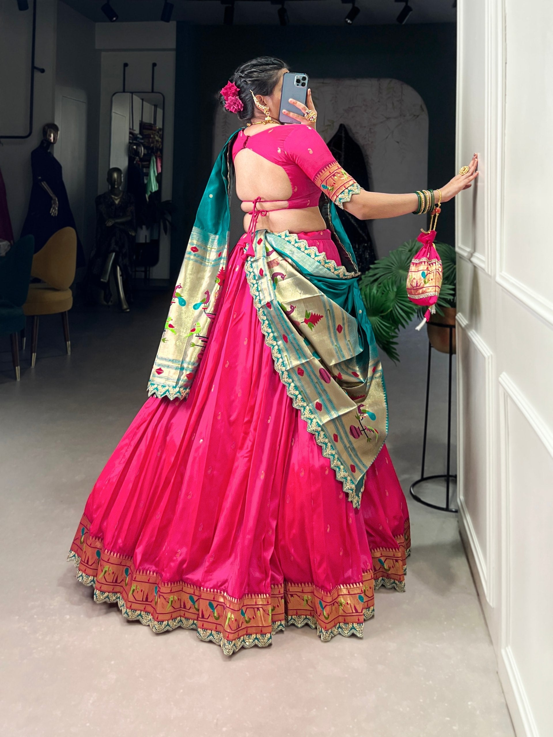Pink & Green Silk Lehenga Choli with Contrasting Blue Dupatta AllTreandy