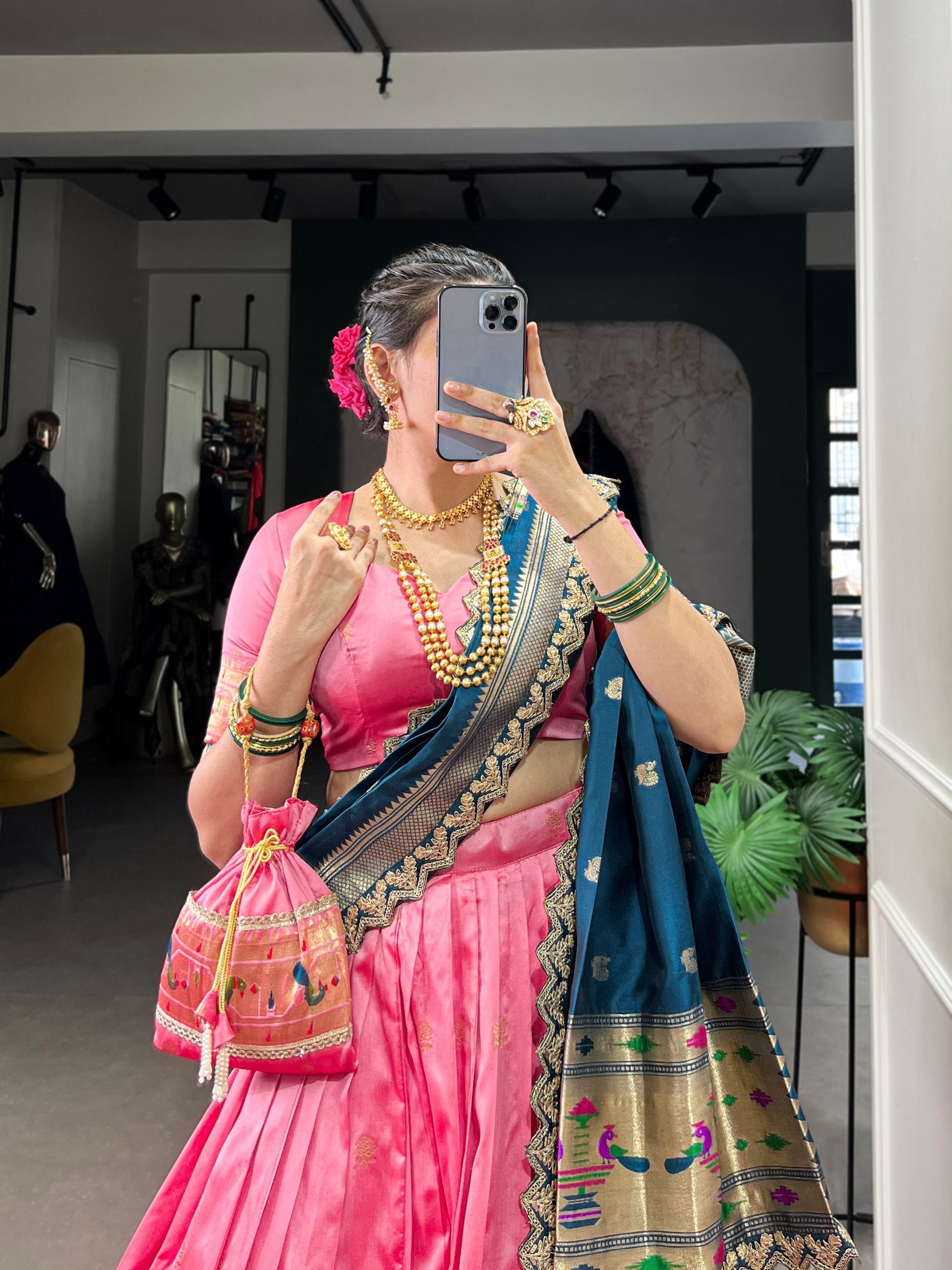 Pink & Green Silk Lehenga Choli with Contrasting Blue Dupatta AllTreandy