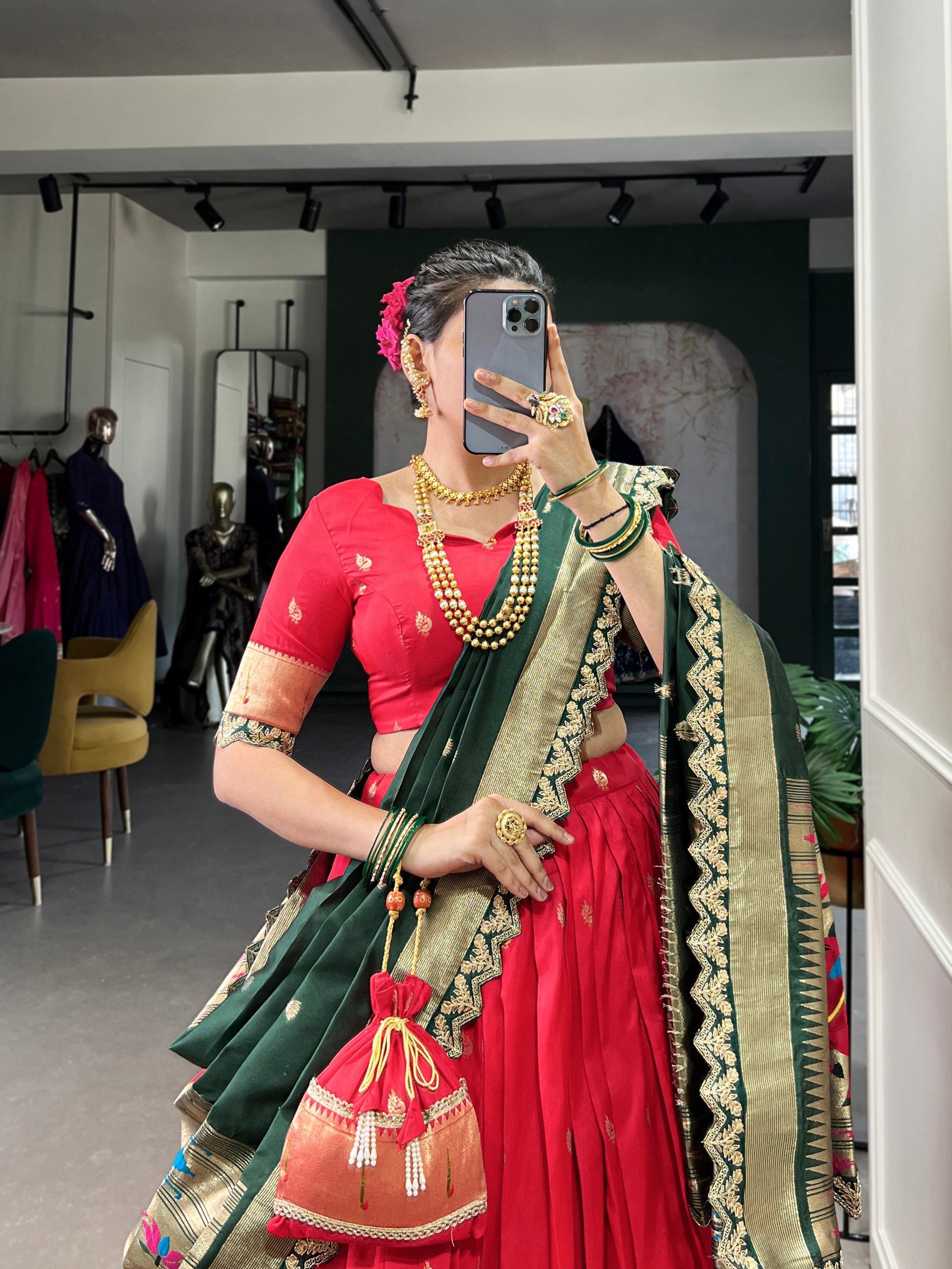 Pink & Green Silk Lehenga Choli with Contrasting Blue Dupatta AllTreandy