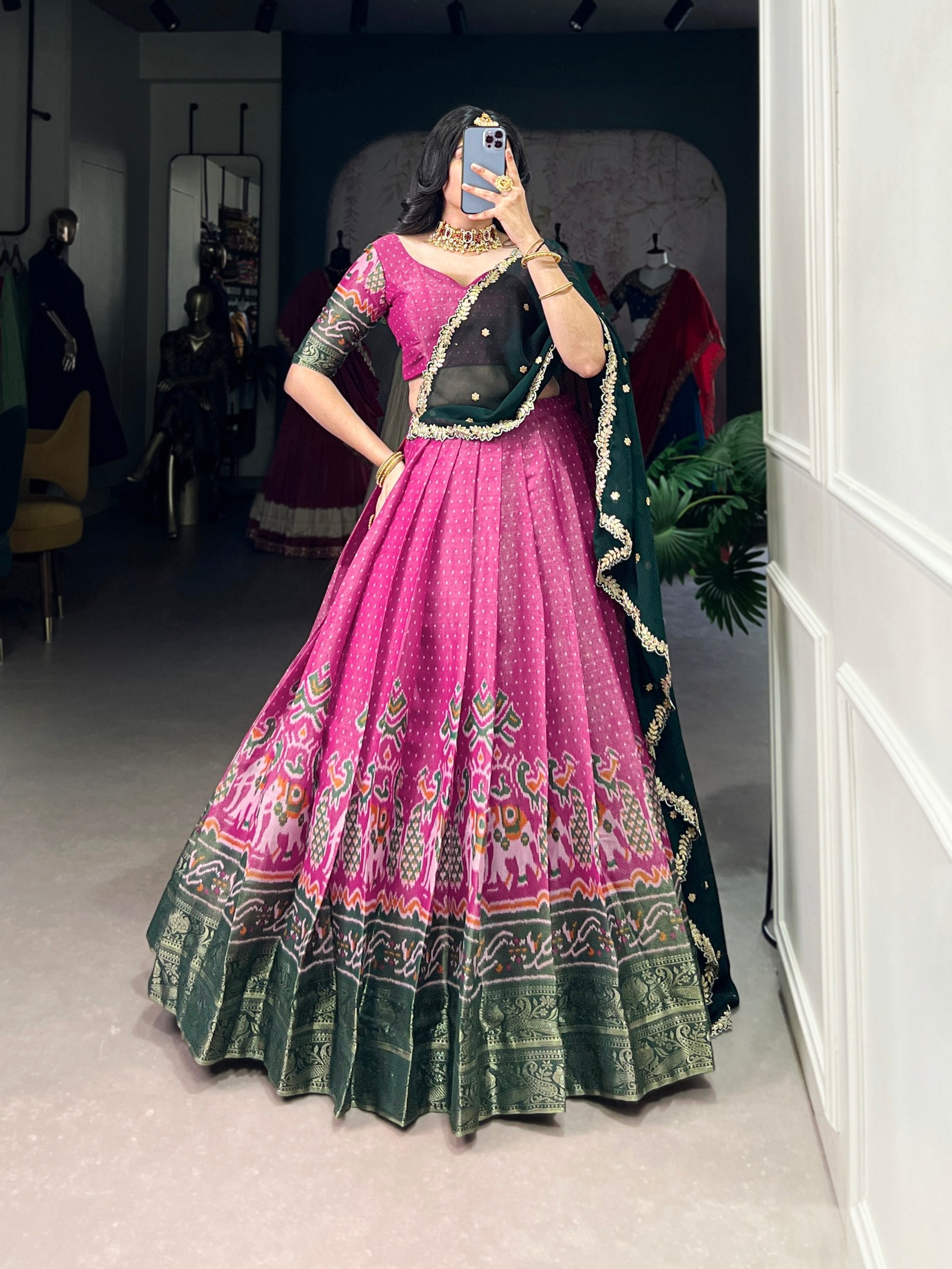 Print Silk Lehenga with Red Dupatta AllTreandy