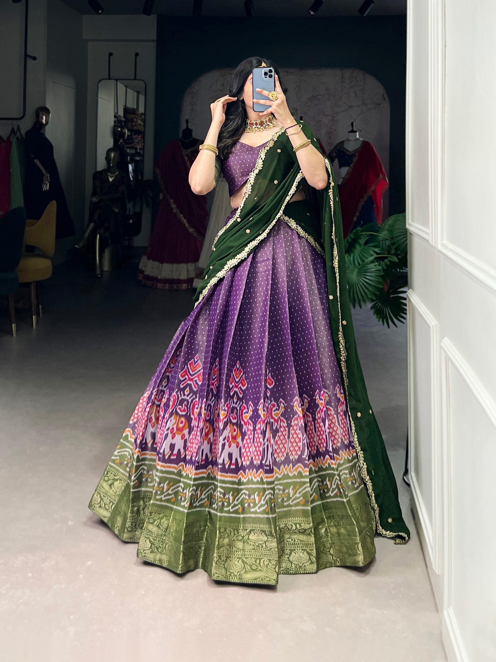 Print Silk Lehenga with Red Dupatta AllTreandy