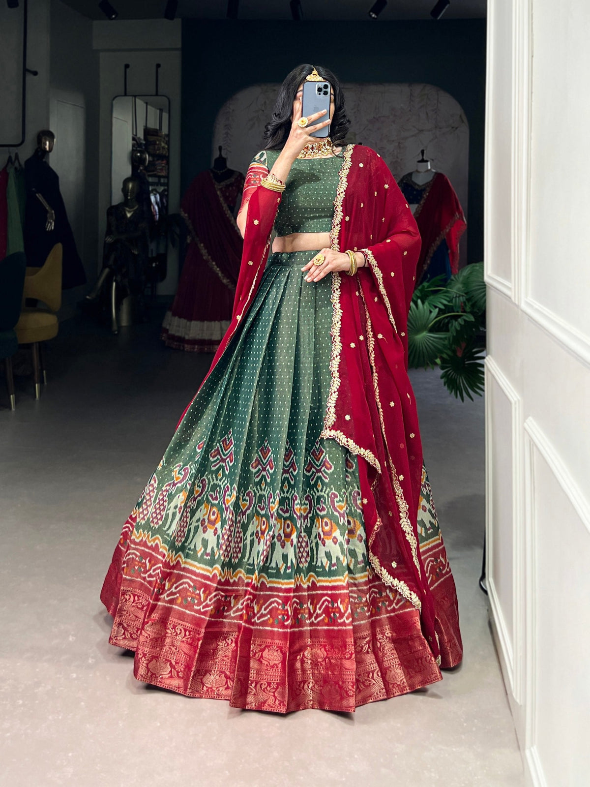 Print Silk Lehenga with Red Dupatta AllTreandy