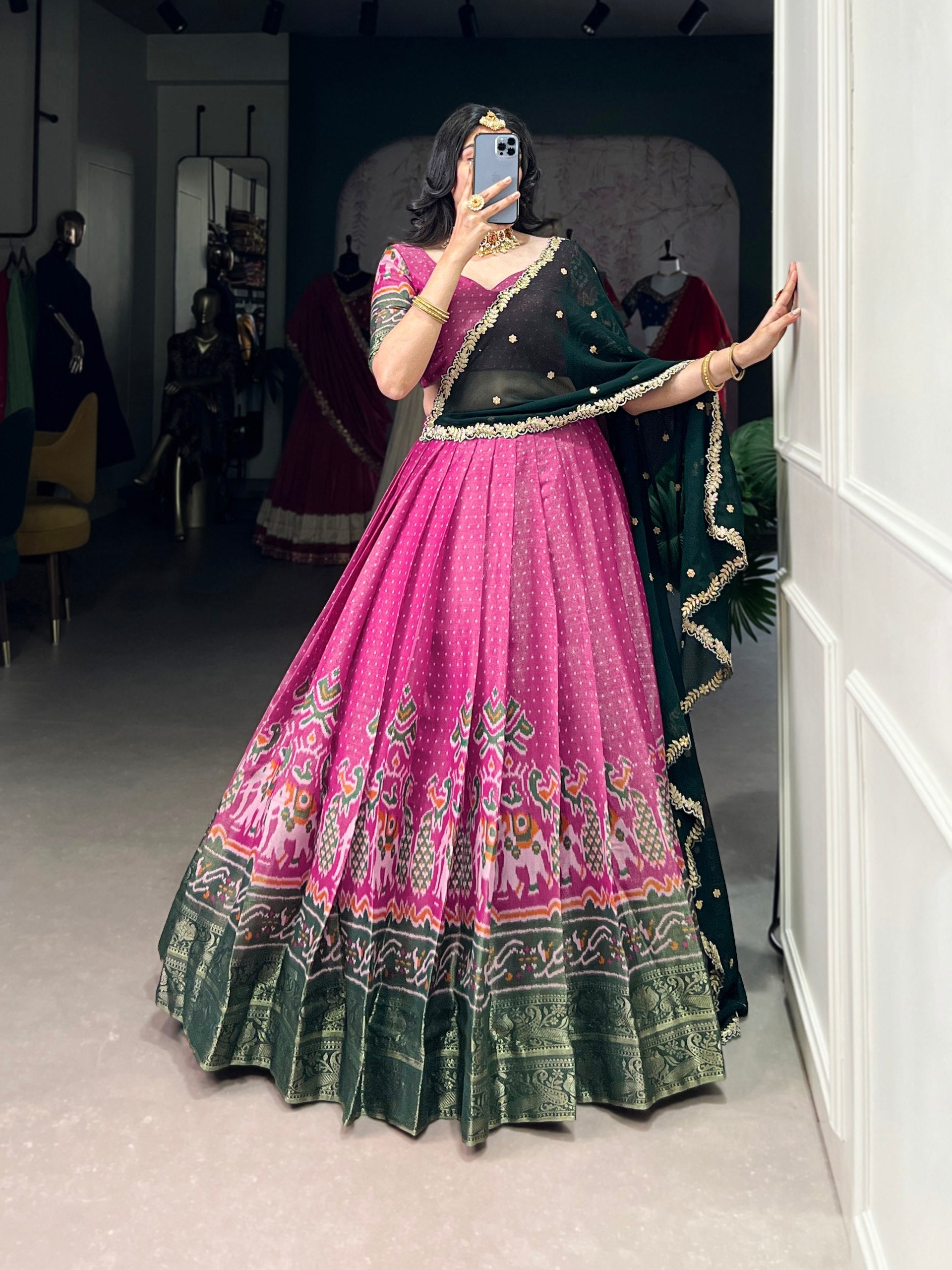 Print Silk Lehenga with Red Dupatta AllTreandy