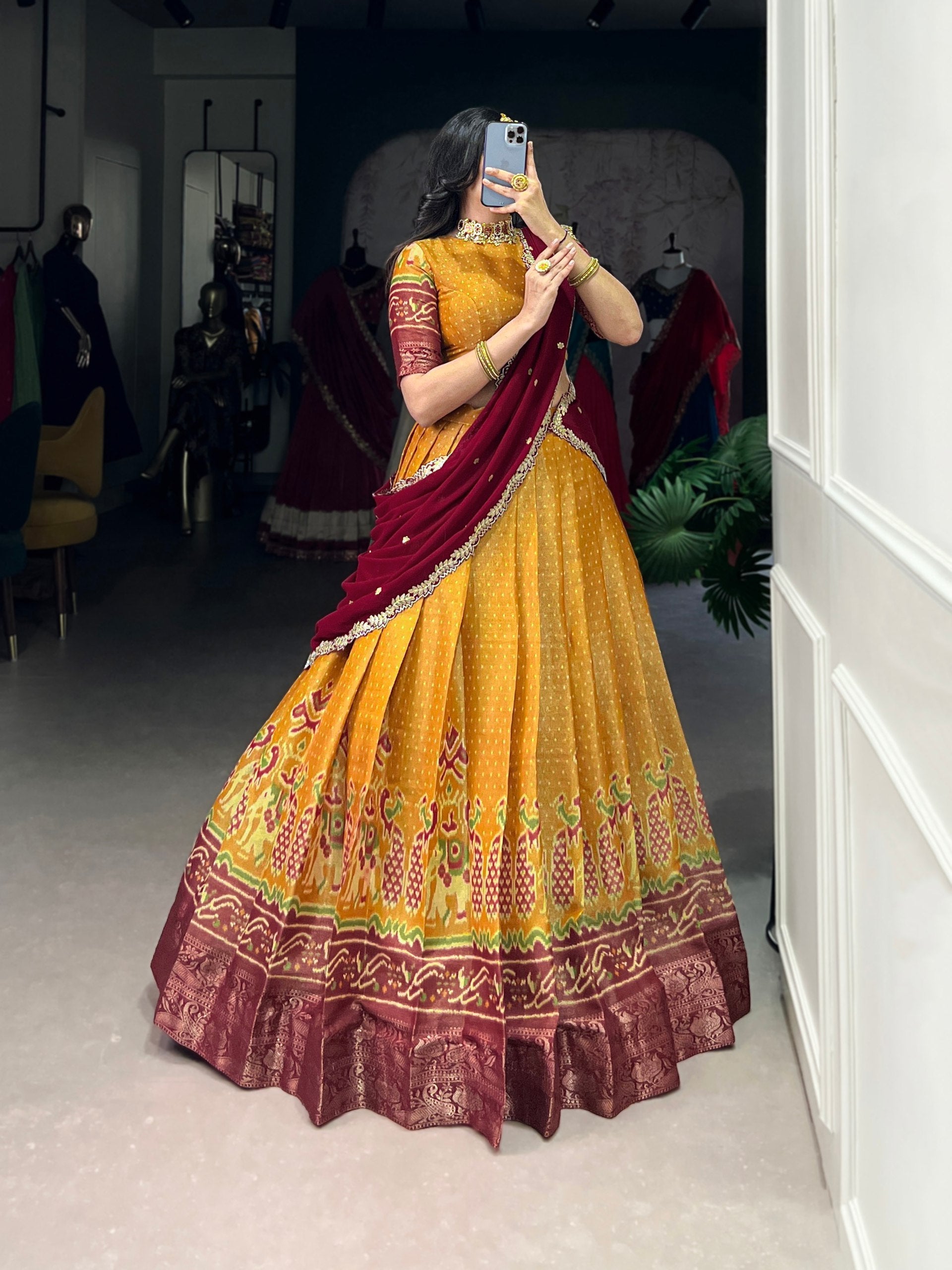Print Silk Lehenga with Red Dupatta AllTreandy