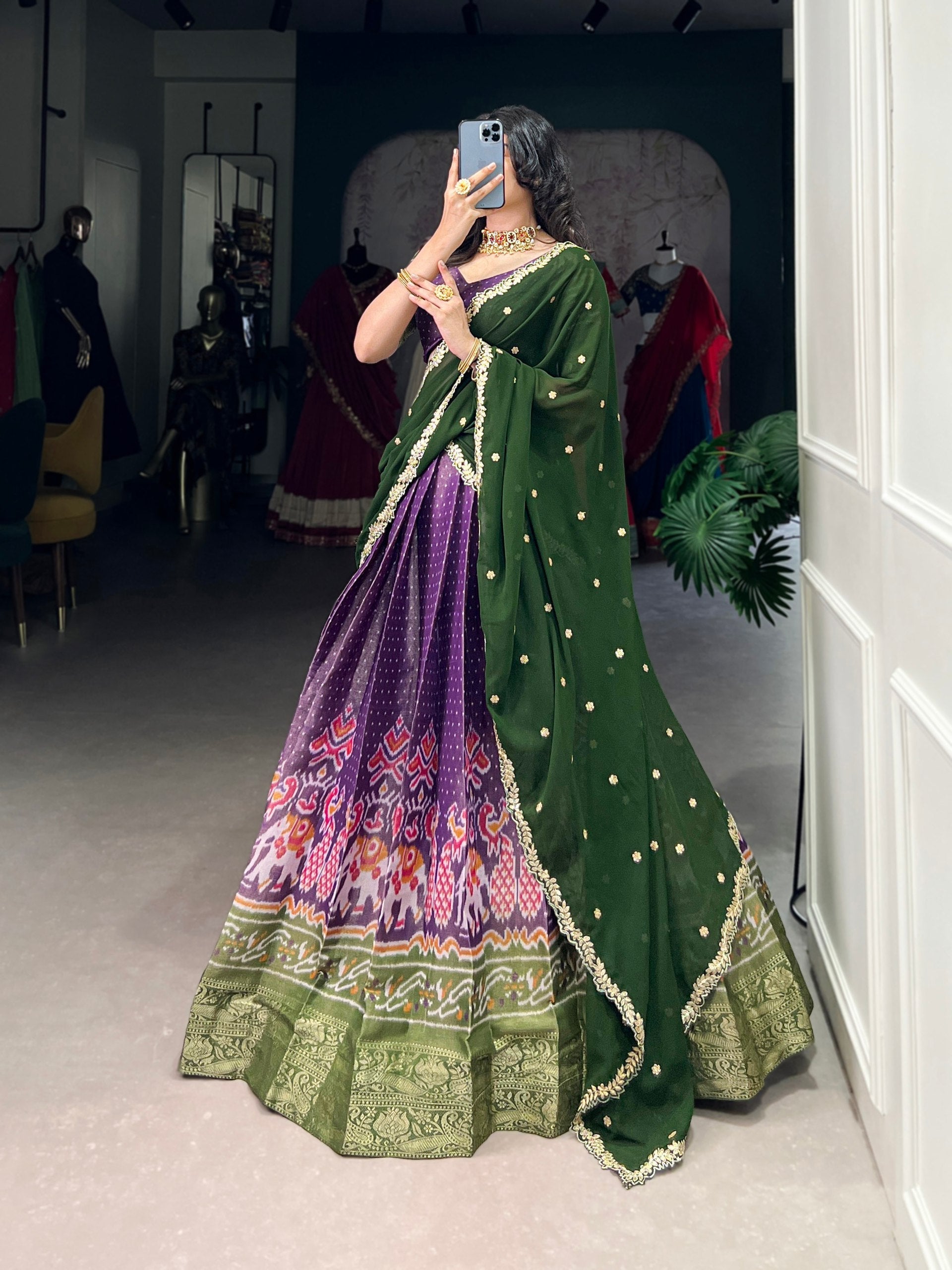 Print Silk Lehenga with Red Dupatta AllTreandy
