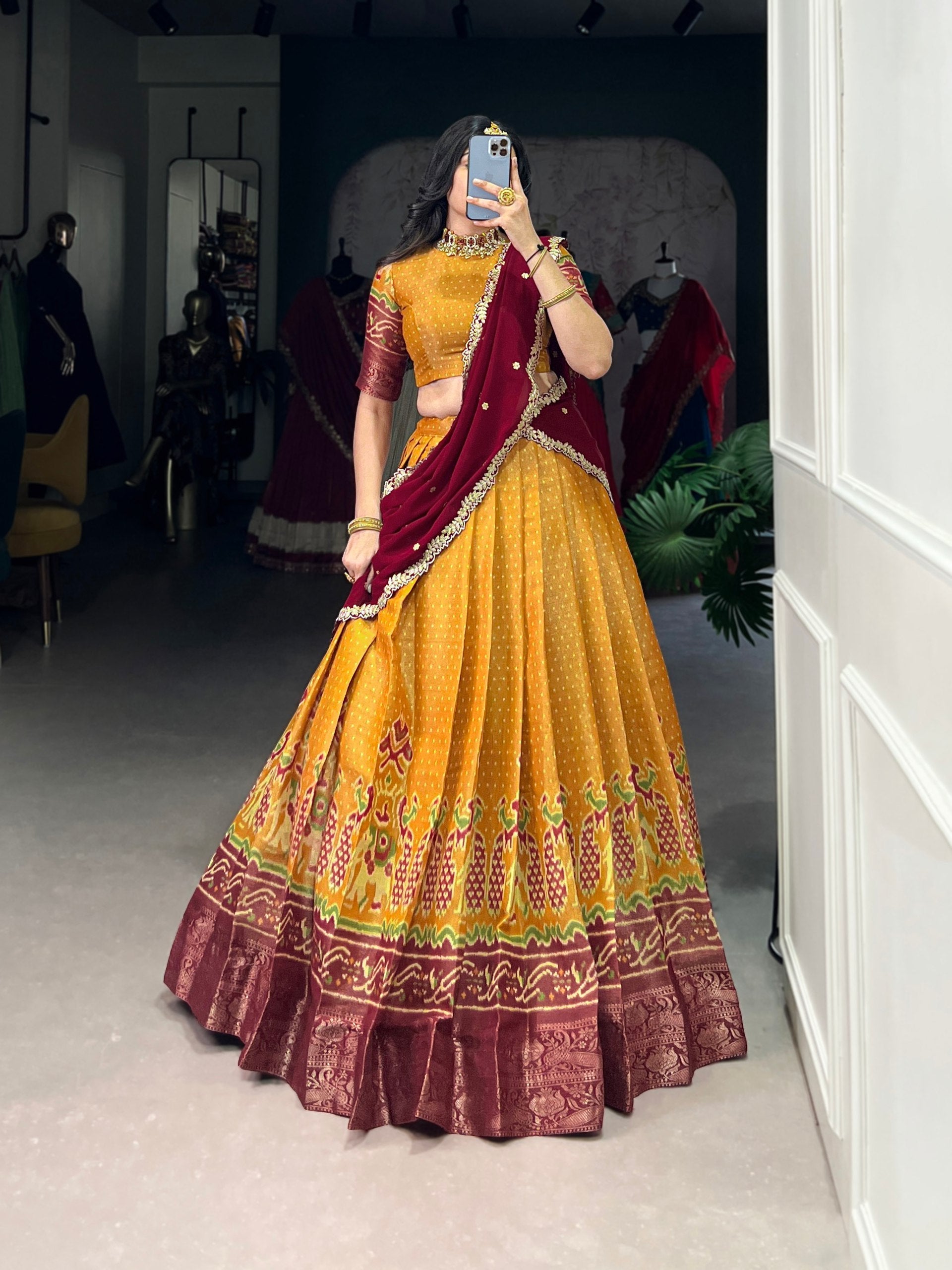 Print Silk Lehenga with Red Dupatta AllTreandy