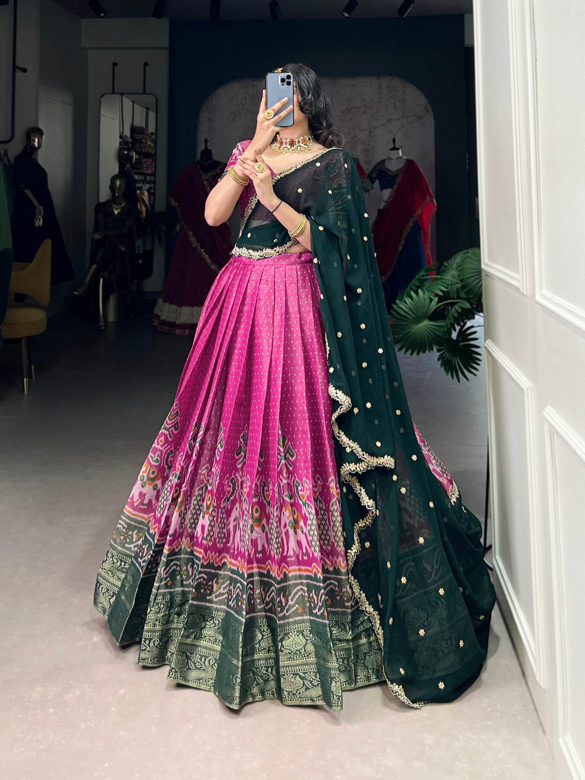 Print Silk Lehenga with Red Dupatta AllTreandy