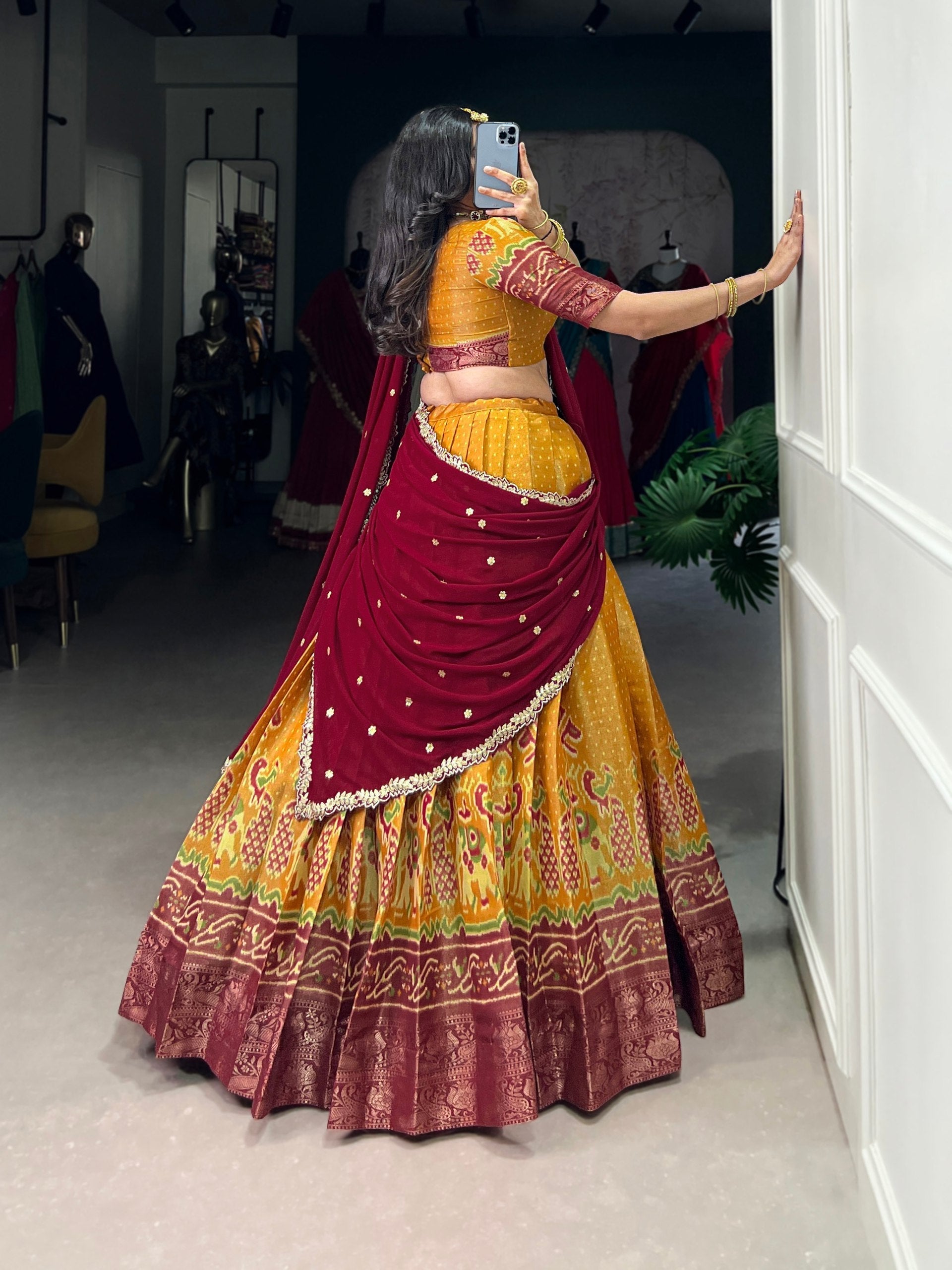 Print Silk Lehenga with Red Dupatta AllTreandy