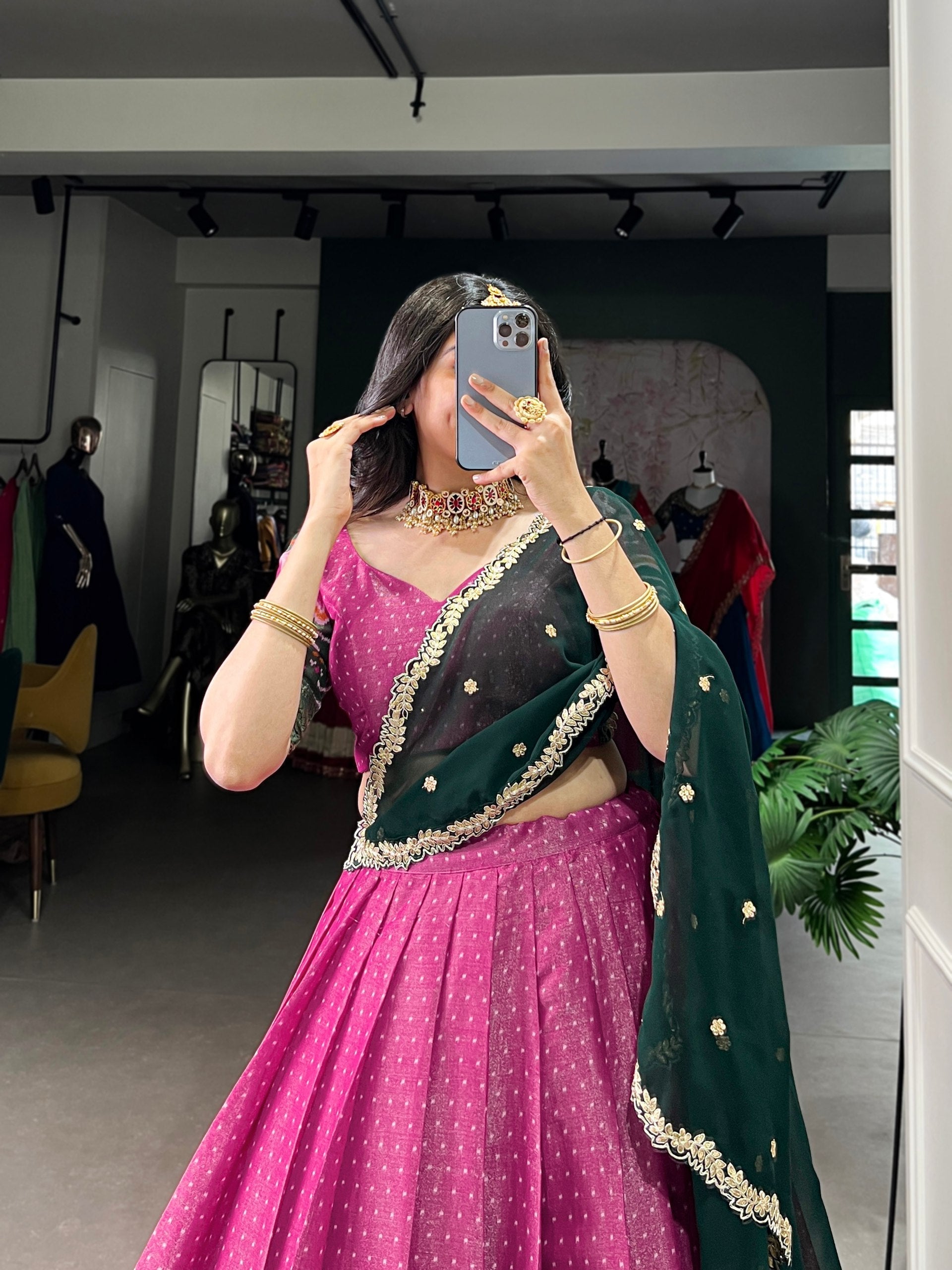 Print Silk Lehenga with Red Dupatta AllTreandy
