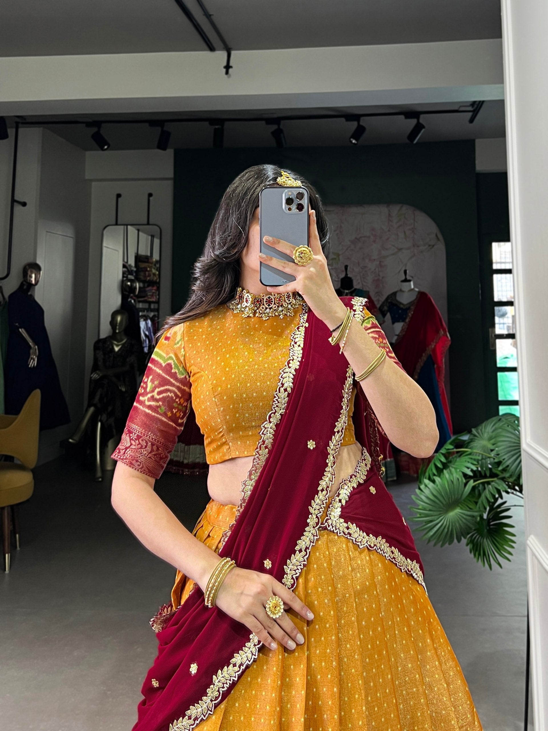 Print Silk Lehenga with Red Dupatta AllTreandy