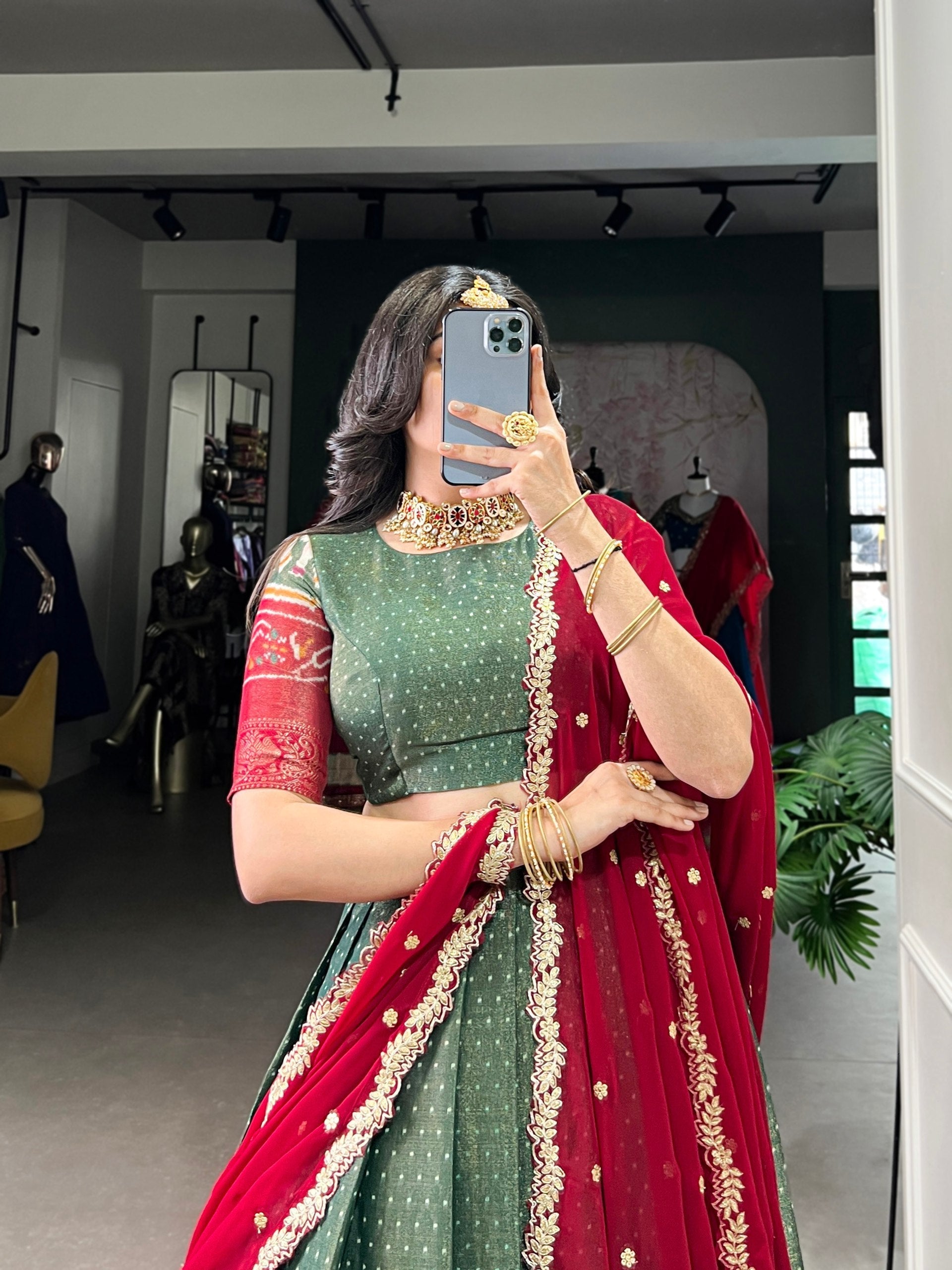 Print Silk Lehenga with Red Dupatta AllTreandy
