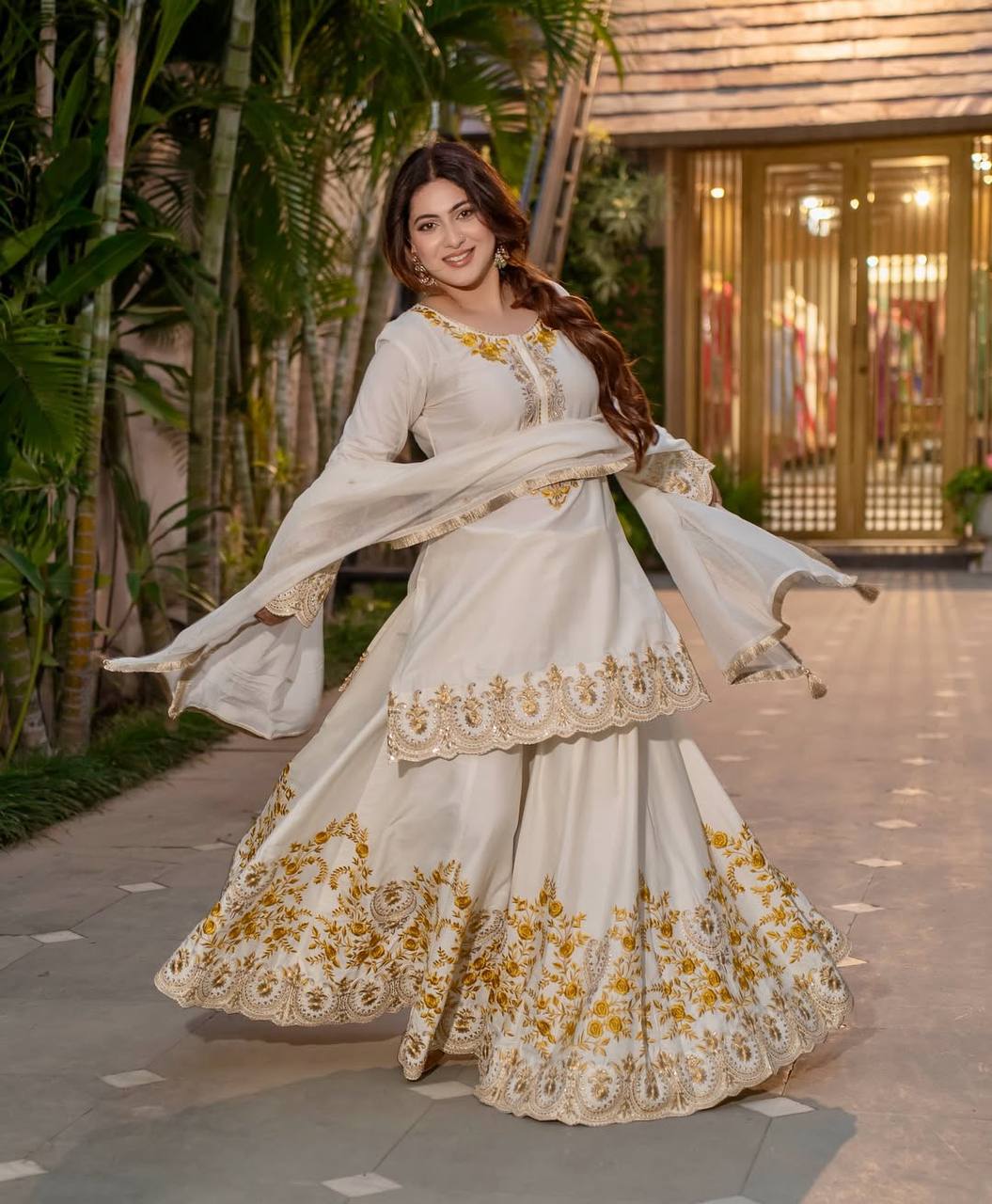 Ivory White Golden Embroidered Anarkali Set with Dupatta AllTreandy
