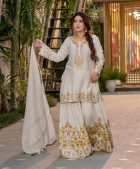 Ivory White Golden Embroidered Anarkali Set with Dupatta AllTreandy
