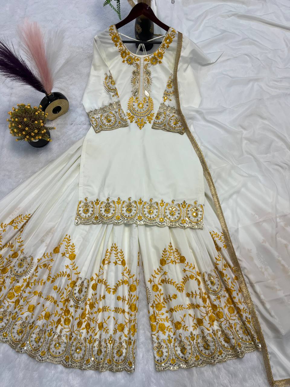 Ivory White Golden Embroidered Anarkali Set with Dupatta AllTreandy
