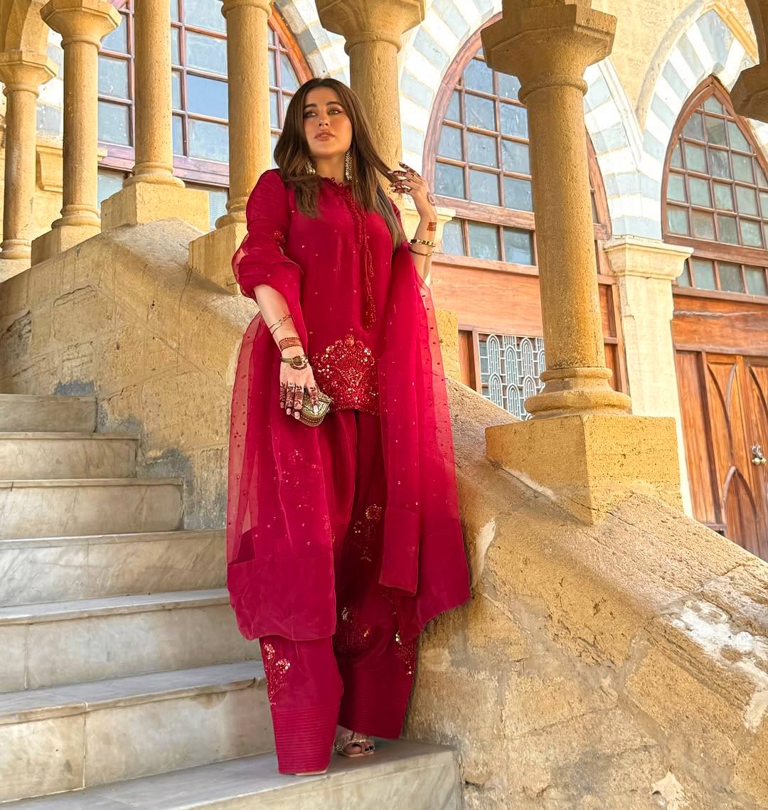 Deep Red Embroidered Short Kurta with Dhoti Pants & Dupatta salwar kameez AllTreandy