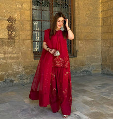 Deep Red Embroidered Short Kurta with Dhoti Pants & Dupatta salwar kameez AllTreandy