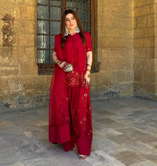 Deep Red Embroidered Short Kurta with Dhoti Pants & Dupatta salwar kameez AllTreandy