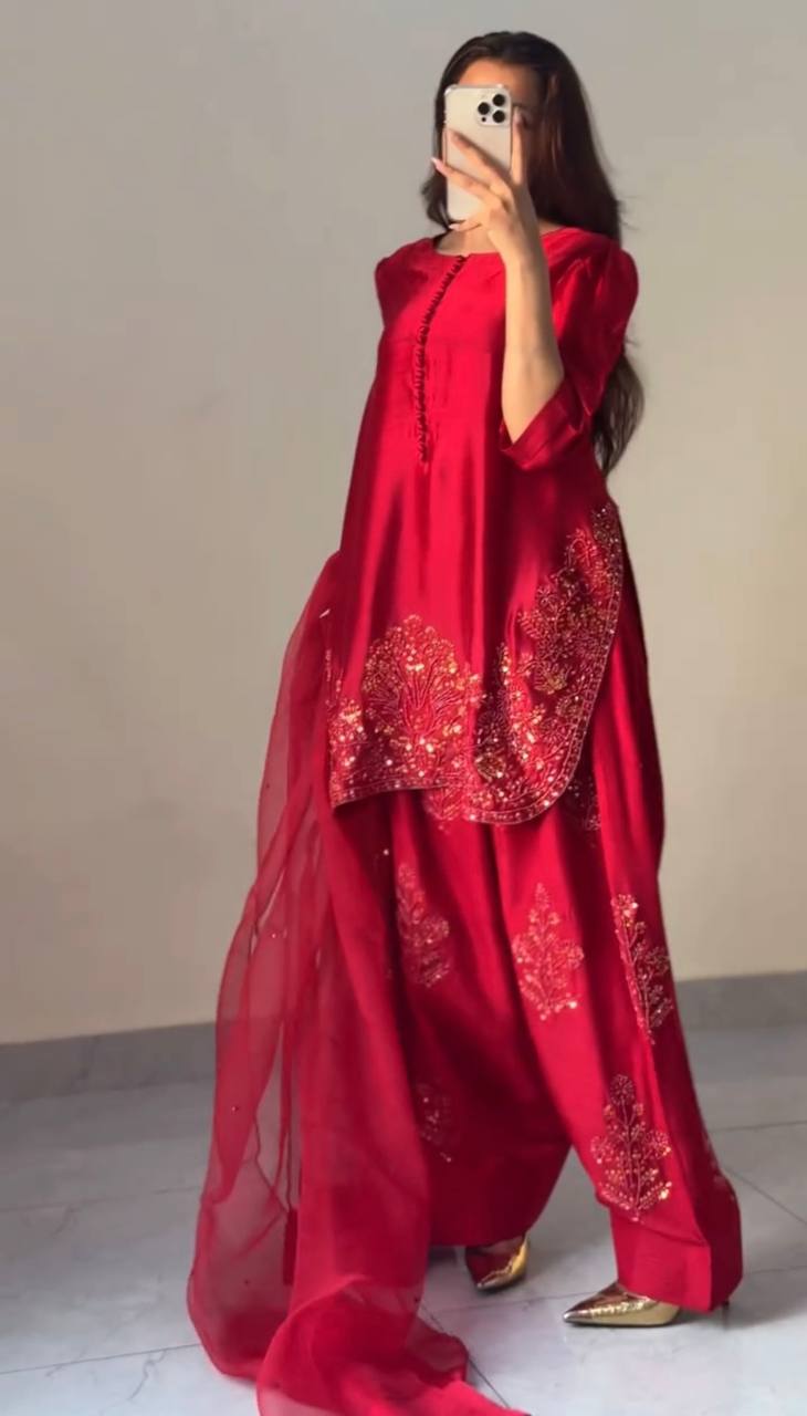 Deep Red Embroidered Short Kurta with Dhoti Pants & Dupatta salwar kameez AllTreandy