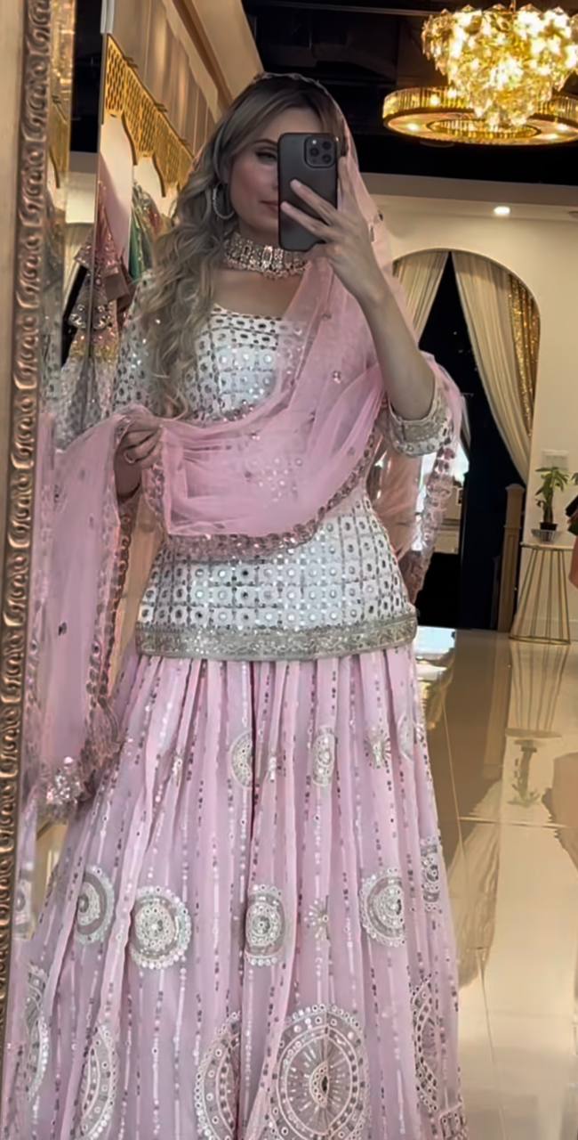 Baby Pink Mirror Work Lehenga Set with Dupatta AllTreandy