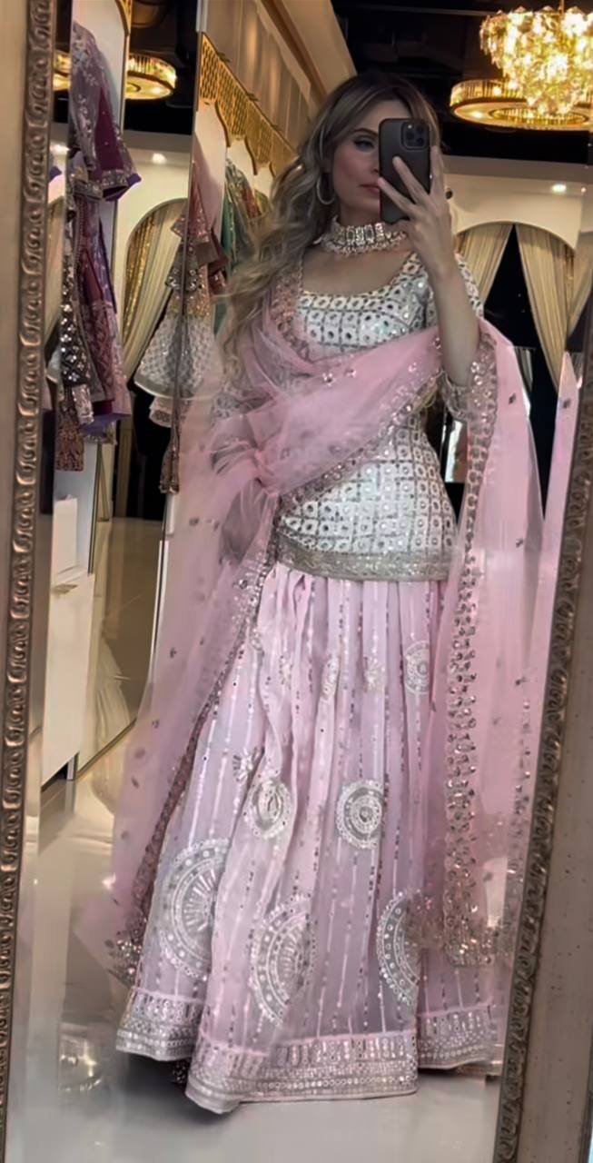 Baby Pink Mirror Work Lehenga Set with Dupatta AllTreandy