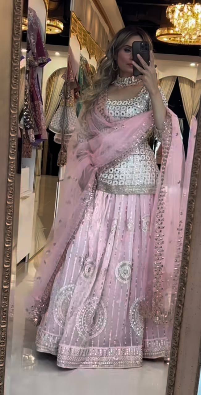 Baby Pink Mirror Work Lehenga Set with Dupatta AllTreandy