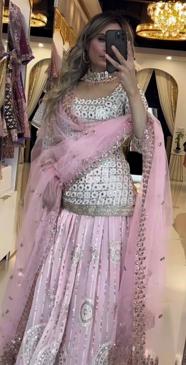 Baby Pink Mirror Work Lehenga Set with Dupatta AllTreandy