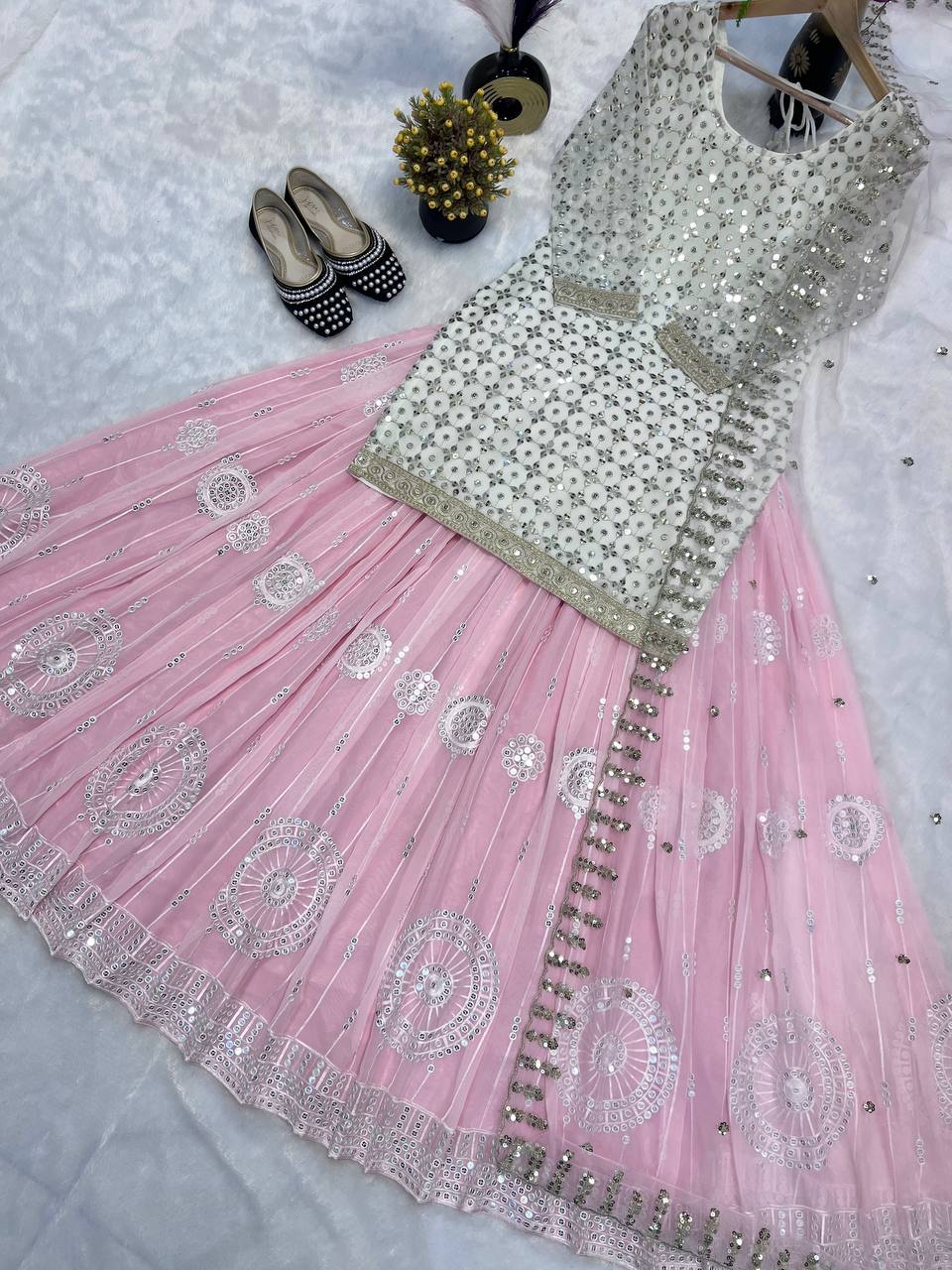 Baby Pink Mirror Work Lehenga Set with Dupatta AllTreandy