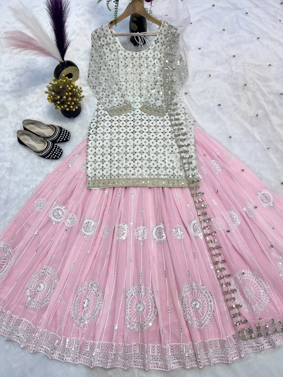 Baby Pink Mirror Work Lehenga Set with Dupatta AllTreandy
