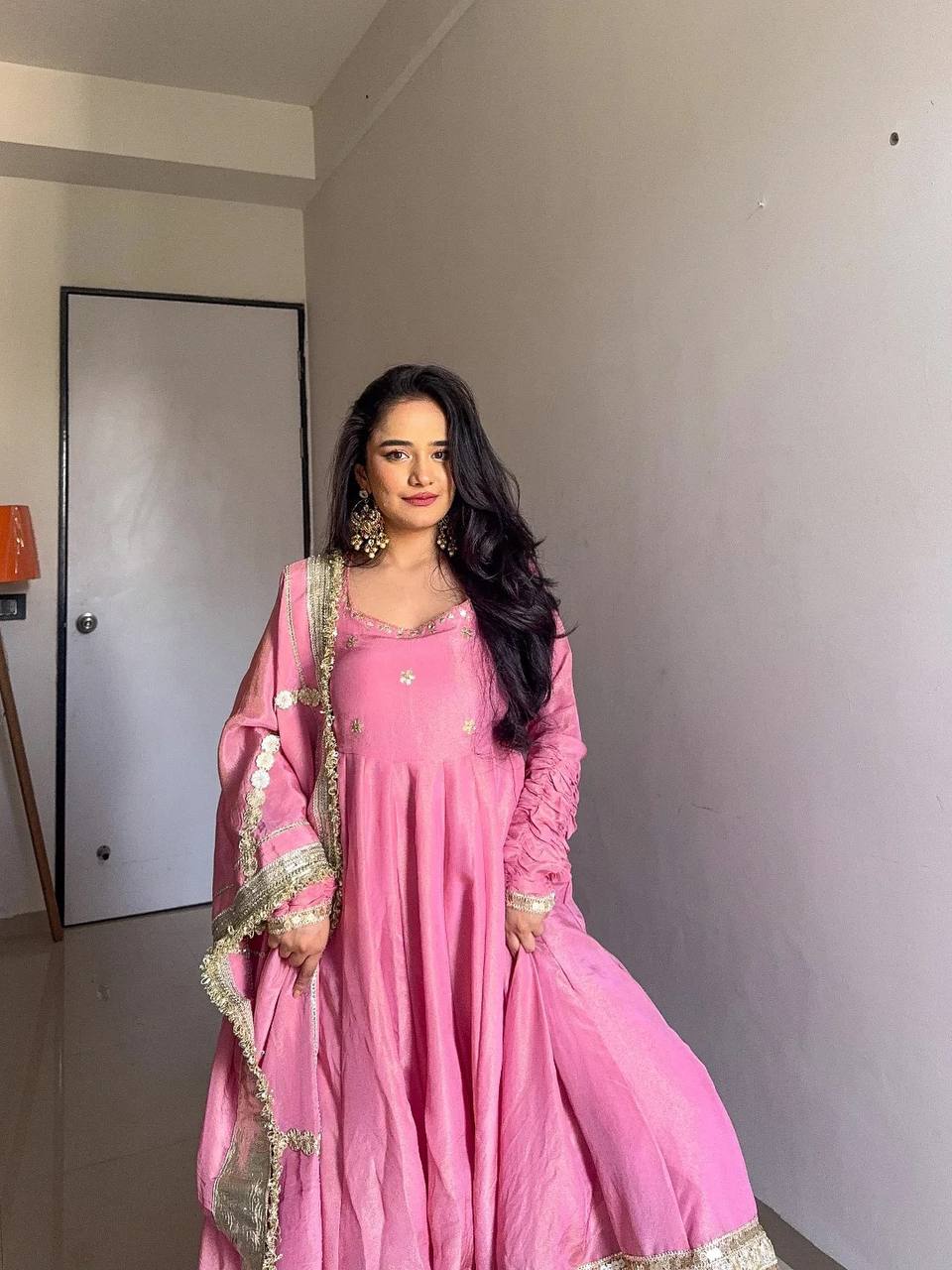 Pink Anarkali Suit with Golden Embroidered Hem & Dupatta AllTreandy