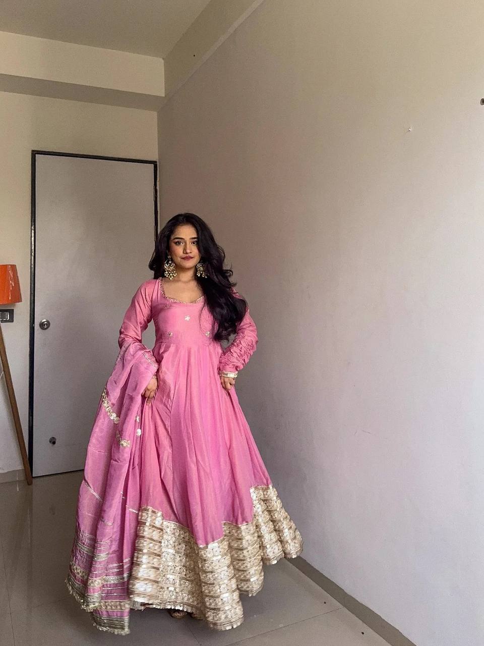 Pink Anarkali Suit with Golden Embroidered Hem & Dupatta AllTreandy