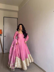 Pink Anarkali Suit with Golden Embroidered Hem & Dupatta AllTreandy