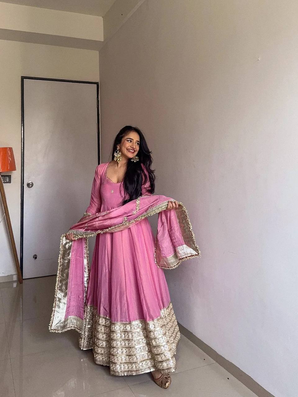 Pink Anarkali Suit with Golden Embroidered Hem & Dupatta AllTreandy