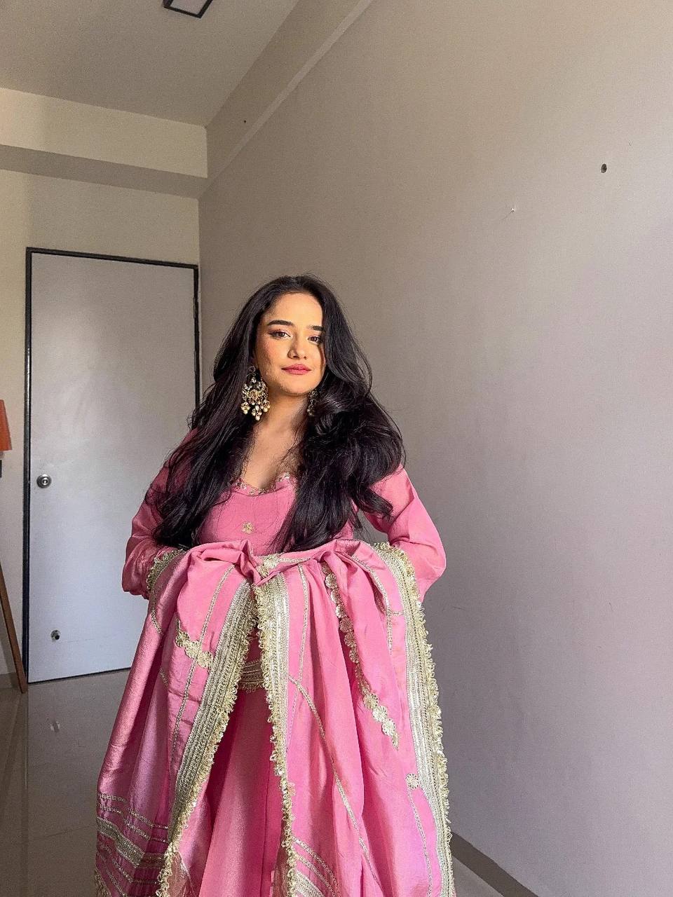 Pink Anarkali Suit with Golden Embroidered Hem & Dupatta AllTreandy