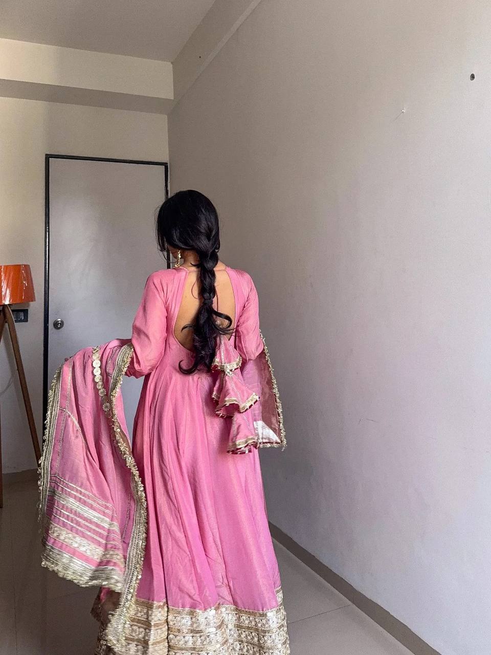 Pink Anarkali Suit with Golden Embroidered Hem & Dupatta AllTreandy