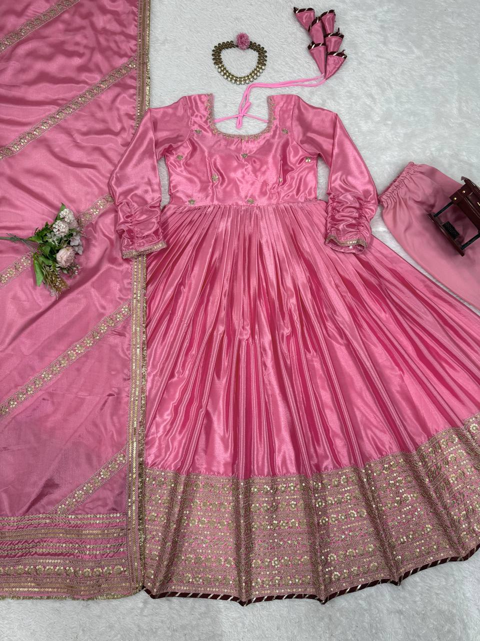 Pink Anarkali Suit with Golden Embroidered Hem & Dupatta AllTreandy