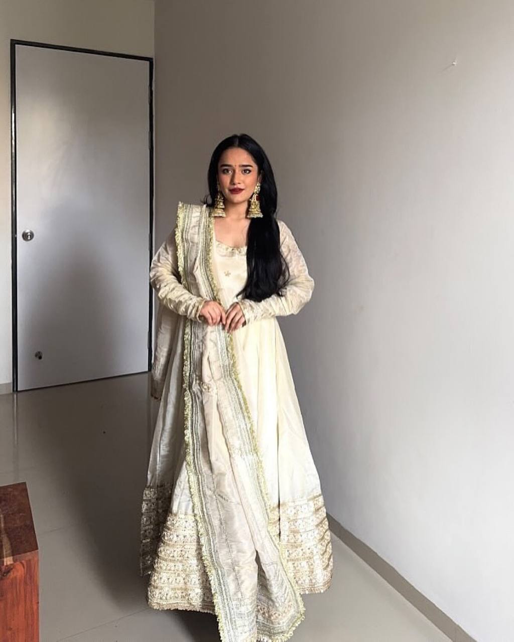 Ivory Gold Embroidered Anarkali Suit with Dupatta AllTreandy