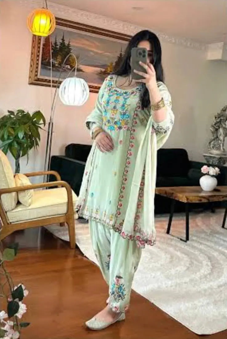 Blossom Breeze: Pastel Green Floral Suit Set (Fully Stitched) AllTreandy