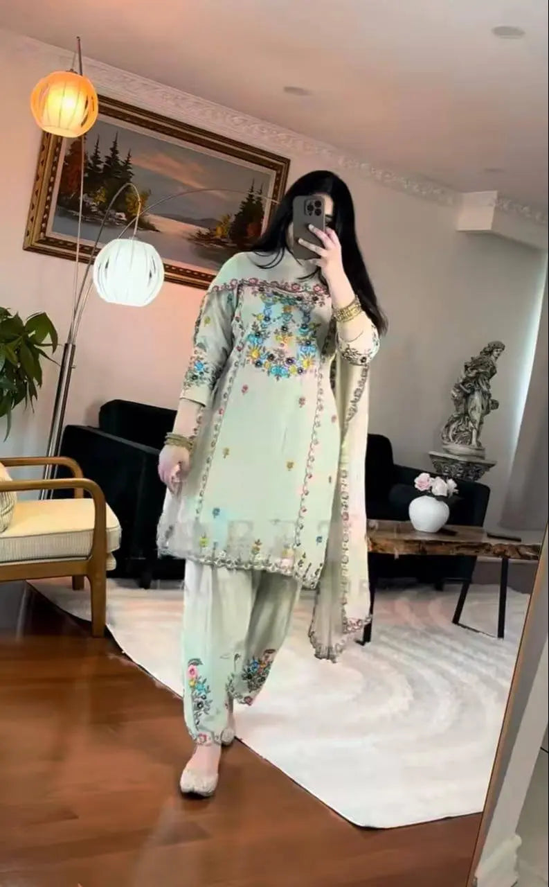 Blossom Breeze: Pastel Green Floral Suit Set (Fully Stitched) AllTreandy
