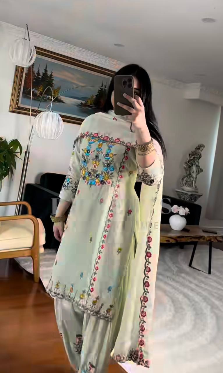 Blossom Breeze: Pastel Green Floral Suit Set (Fully Stitched)