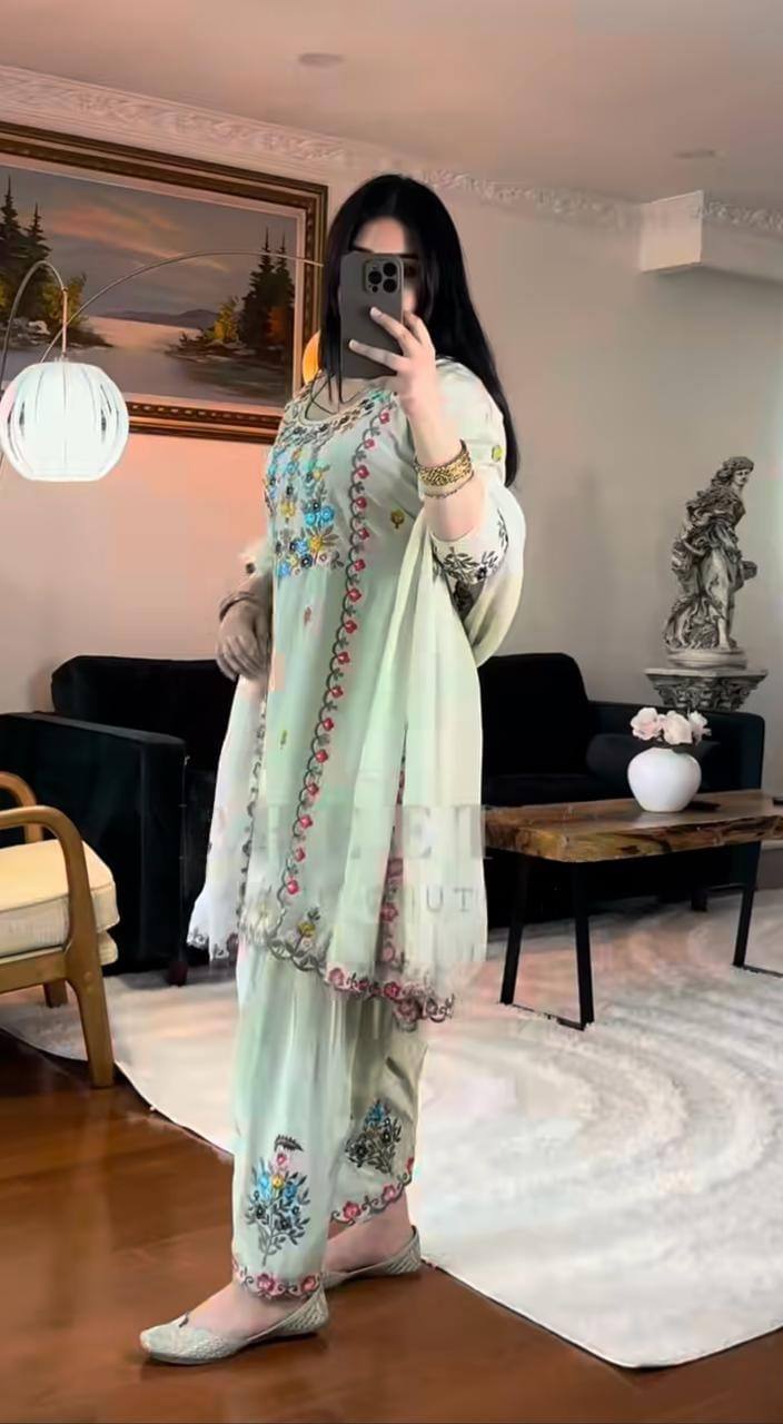Blossom Breeze: Pastel Green Floral Suit Set (Fully Stitched)