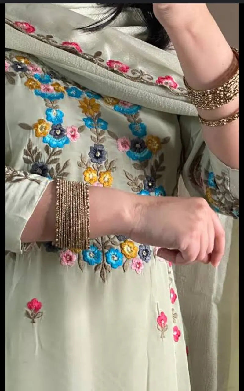 Blossom Breeze: Pastel Green Floral Suit Set (Fully Stitched) AllTreandy