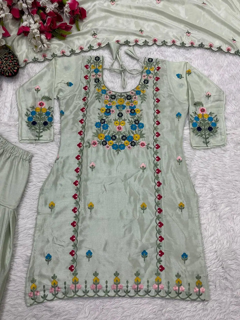 Blossom Breeze: Pastel Green Floral Suit Set (Fully Stitched) AllTreandy