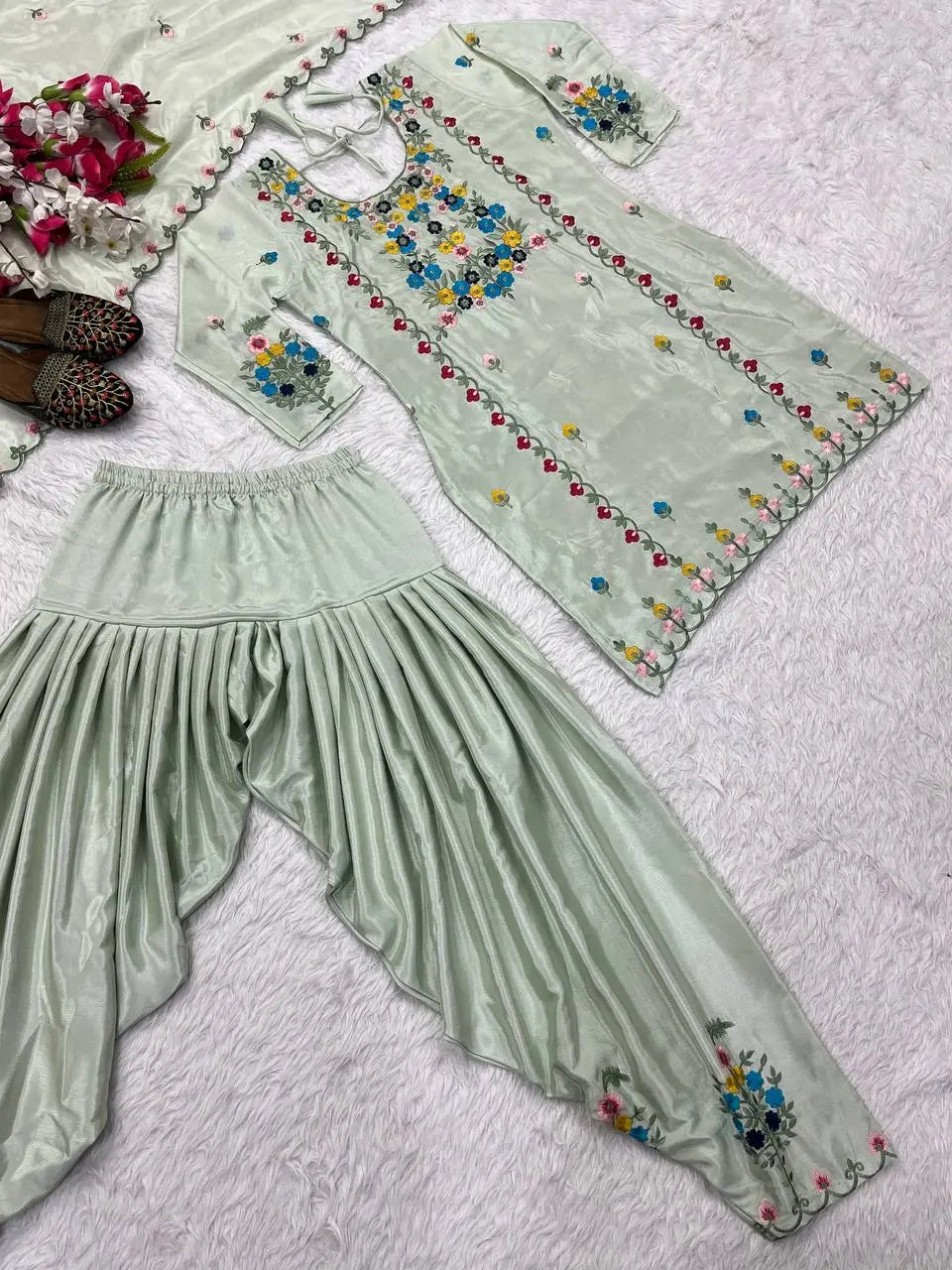 Blossom Breeze: Pastel Green Floral Suit Set (Fully Stitched) AllTreandy