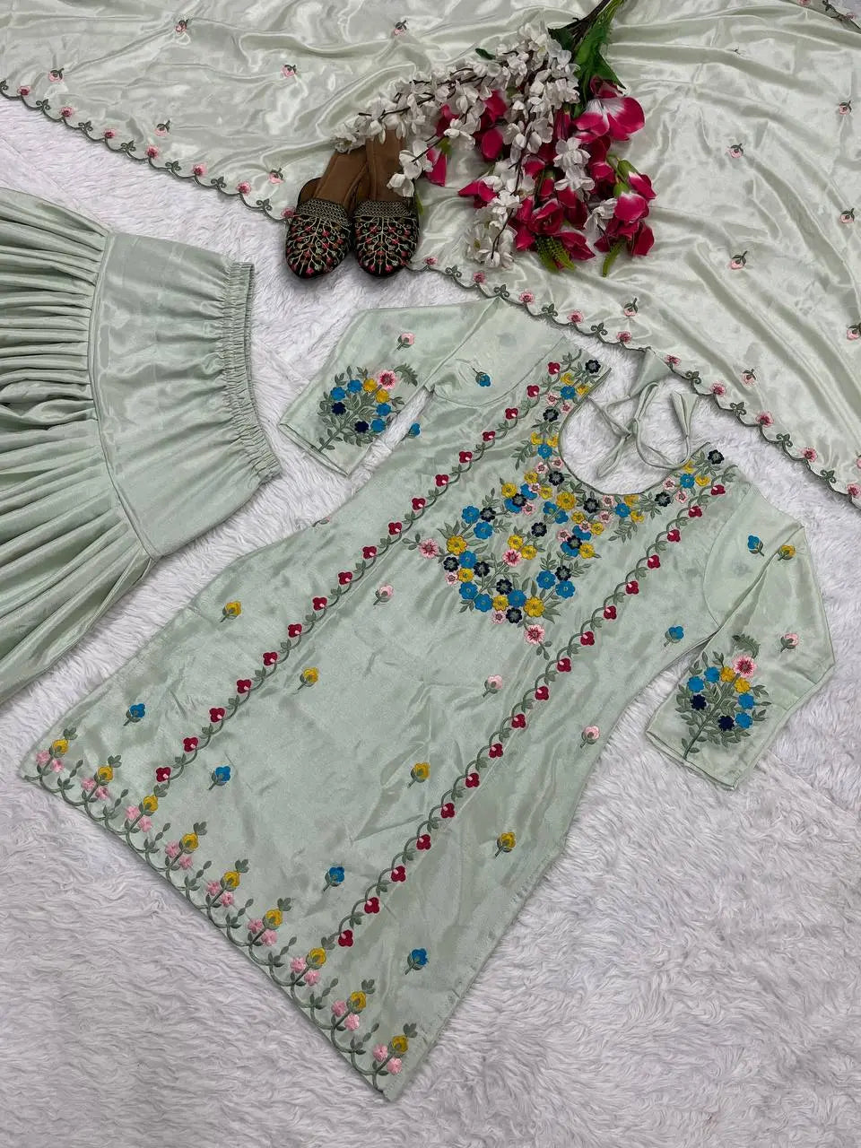 Blossom Breeze: Pastel Green Floral Suit Set (Fully Stitched) AllTreandy