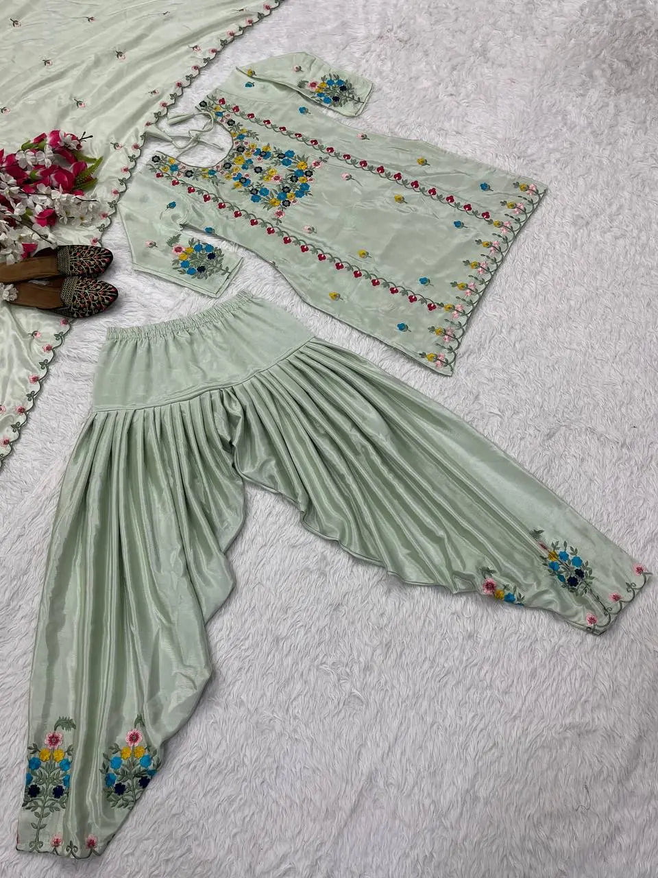 Blossom Breeze: Pastel Green Floral Suit Set (Fully Stitched) AllTreandy