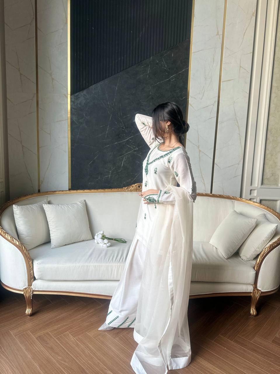 White Embroidered Suit Set (Fully Stitched) Fabric & Work Details AllTreandy