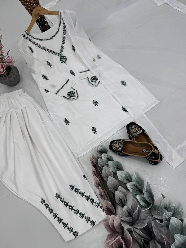White Embroidered Suit Set (Fully Stitched) Fabric & Work Details AllTreandy