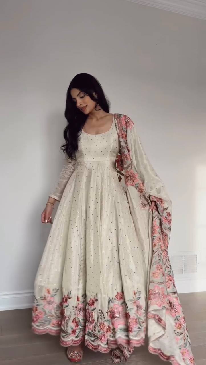 Ivory Floral Embroidered Anarkali Suit with Dupatta AllTreandy