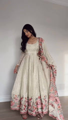 Ivory Floral Embroidered Anarkali Suit with Dupatta AllTreandy