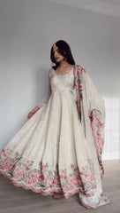 Ivory Floral Embroidered Anarkali Suit with Dupatta AllTreandy